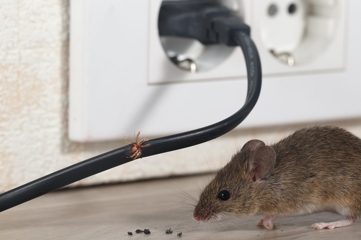 Szczur przy kablach od komputera